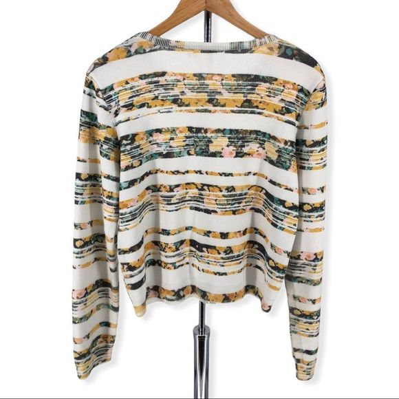Moth Anthropologie White Array Floral Striped Zip Up Knit Cardigan Sweater - Picture 8 of 11